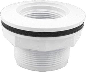 White vinyl pool fitting with threaded 1.5-inch socket and 2-inch male pipe thread, white with black O-ring gasket