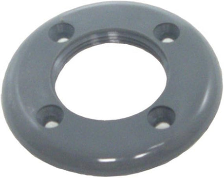 Gray threaded vinyl pool return faceplate with four screw holes.
