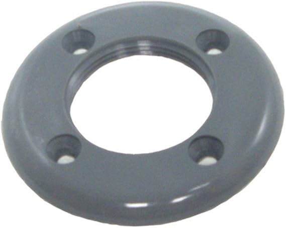 Gray threaded vinyl pool return faceplate with four screw holes.