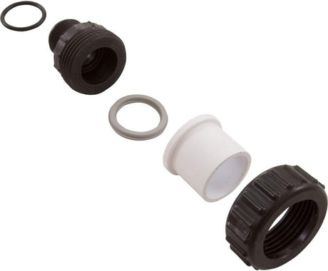 0.75-inch black high temp self-sealing union with white insert and sealing rings, disassembled components on white background