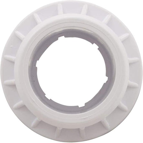 White fiberglass pool wall fitting with threaded nut, 1-1/2 inch socket x 2 inch spigot