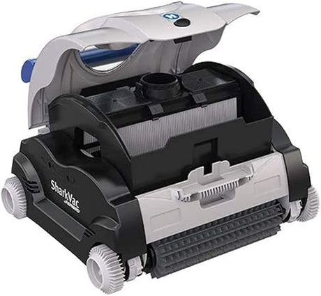 Hayward SharkVac robotic pool cleaner with caddy cart, black and gray