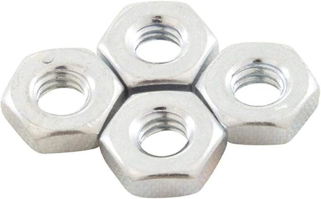 Four silver hex nuts on a white background