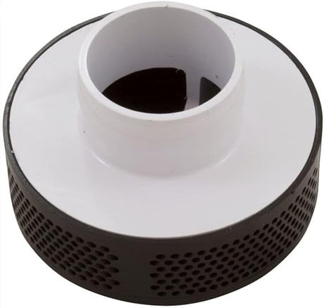 Black and white 2-inch suction outlet with perforated side openings and central pipe connection