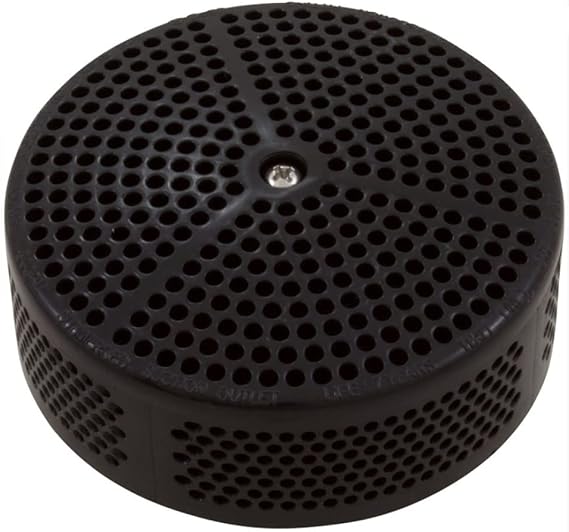 Black round pool suction cover with perforated grate and center screw.