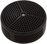Black round pool suction cover with perforated grate and center screw.