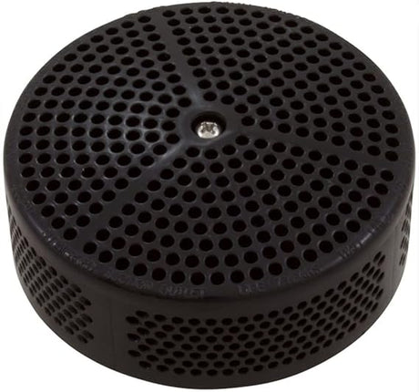 Black round pool suction cover with perforated grate and center screw.