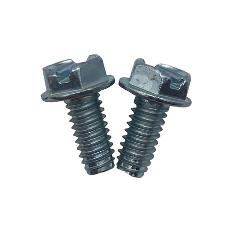 Two metal relay mounting screws with hex heads and washers