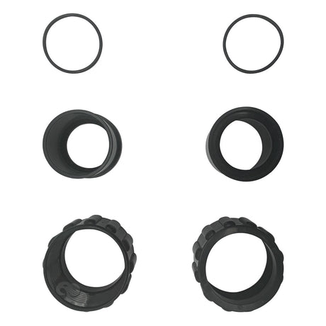 Pair of black Pentair IntelliChlor cell union rings and O-rings on white background