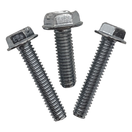 Three metal hex-head bolts with washers on a white background