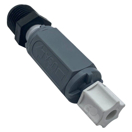 Pentair IntelliChem chemical feeder injection check valve with threaded black and gray fitting