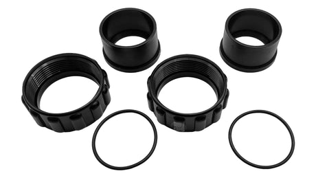 Black threaded connector kit with two retaining nuts, two coupling adapters, and two O-rings for Pentair IntelliChlor Plus 60K cell