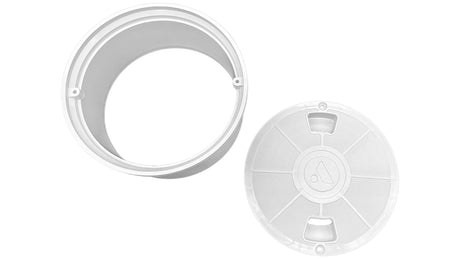 White plastic pool water leveler cover and ring assembly, shown in two pieces on a white background