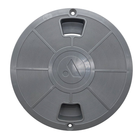Gray round Quik Water Leveler cover with recessed handles and center logo, top view