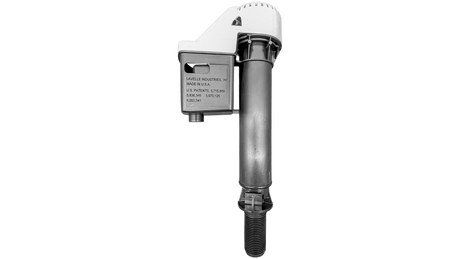 Quik Water Leveler float assembly with restrictor seal, vertical gray and white pool water leveler component