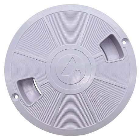 White circular Quik Water Leveler cover with textured surface and two recessed handholds