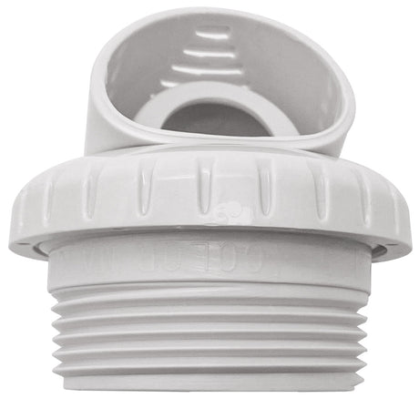 White Pentair infusion venturi V-fitting with threaded base and angled top opening