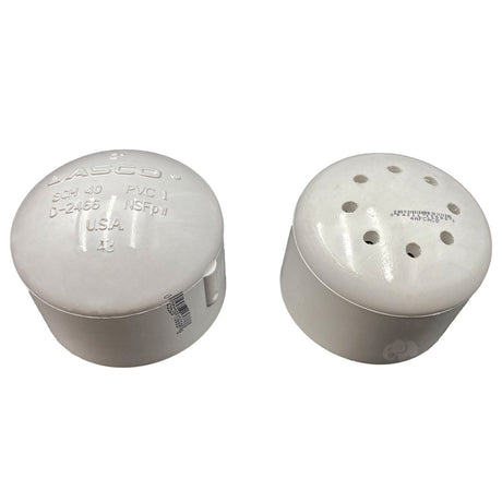 White plastic deck-side spa air muffler with vent holes, shown from top and side views