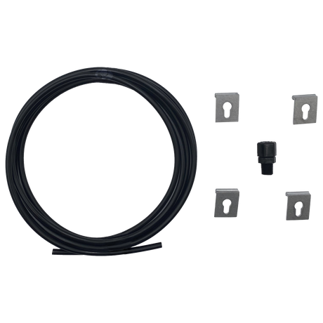 QuikPure3 complete kit with coiled black tubing, four metal mounting brackets, and a black stand pipe fitting on a white background
