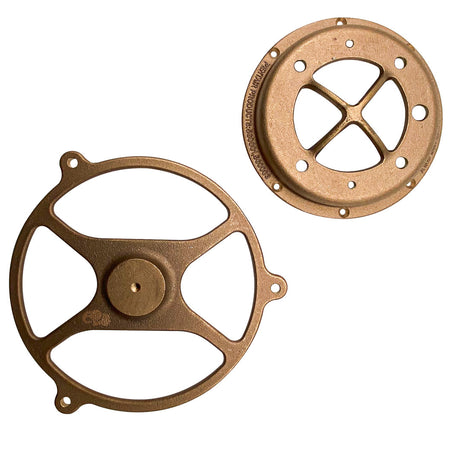 Bronze Pentair fountain fixture with rock guard for small lights, shown front and back views