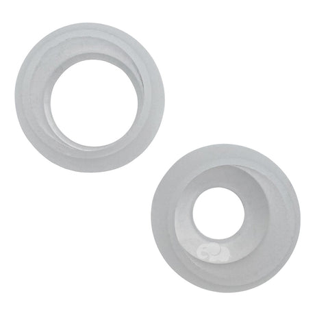 Two white plastic pool return eyeball inserts on a white background