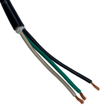 Three-conductor underwater light cable with black outer jacket and exposed copper wire ends