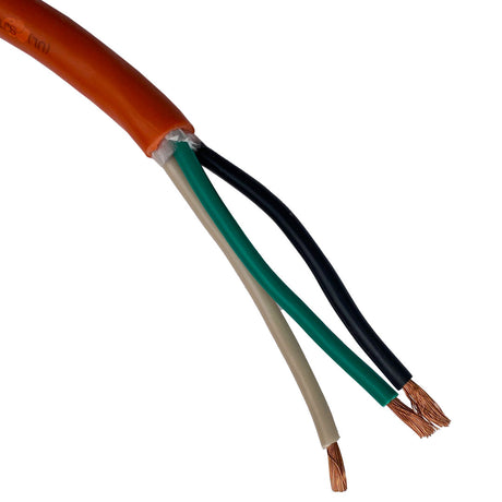 Orange jacketed three-conductor pool light cable with exposed black, green, and white wires