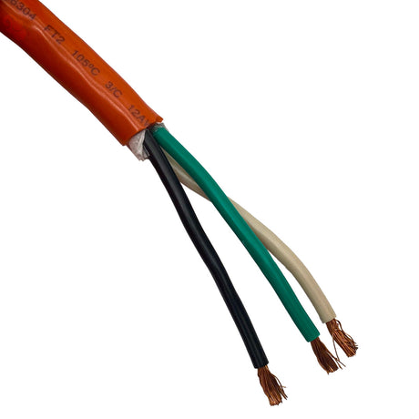 Orange 4-conductor cable with black, green, and white insulated wires exposed