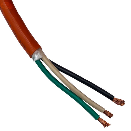 Orange-sheathed three-conductor electrical cable with green, white, and black wires exposed on the end