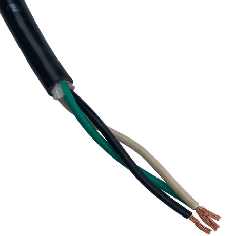 Close-up of a black three-conductor electrical cable with exposed copper wire ends