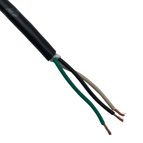 Black multiconductor cable with green, black, and beige insulated wires exposed at the end