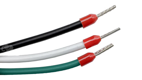 Close-up of three color-coded electrical wires with stripped silver ends and red connectors in black, white, and green insulation
