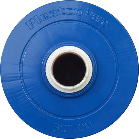 Blue Pleatco Pure spa filter cartridge end cap with 2-inch MPT opening and “BOTTOM” marking
