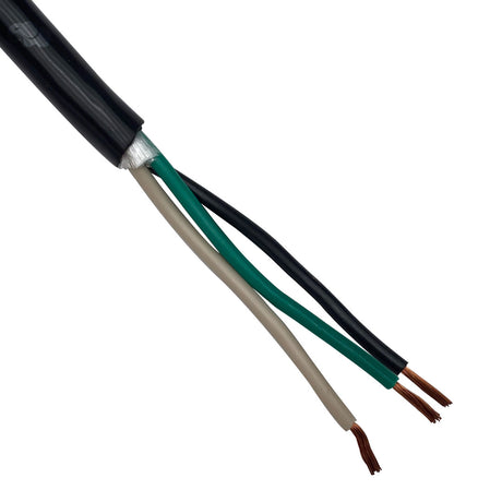 Close-up of a black three-conductor spa light cable with exposed green, beige, and black wires
