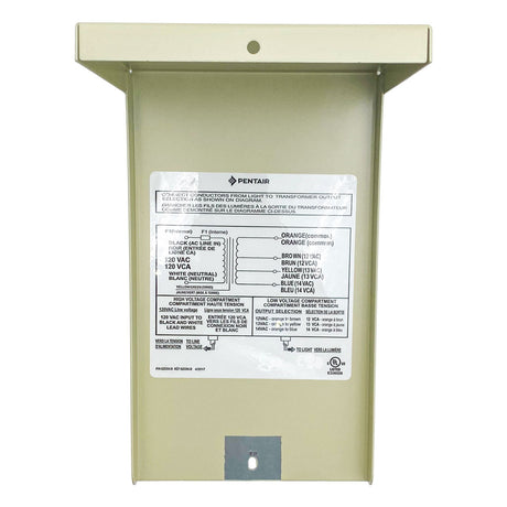 Pentair 100W pool and landscape light transformer with wiring diagram label, beige metal enclosure