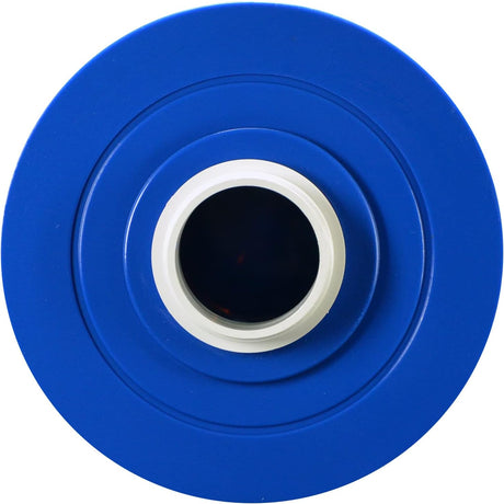 Blue Pleatco spa filter cartridge end cap with white center opening