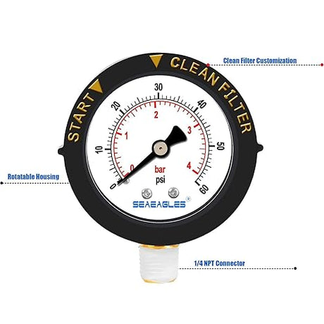Top-mount 0-60 PSI pressure gauge with clean filter indicator and 1/4-inch NPT connector