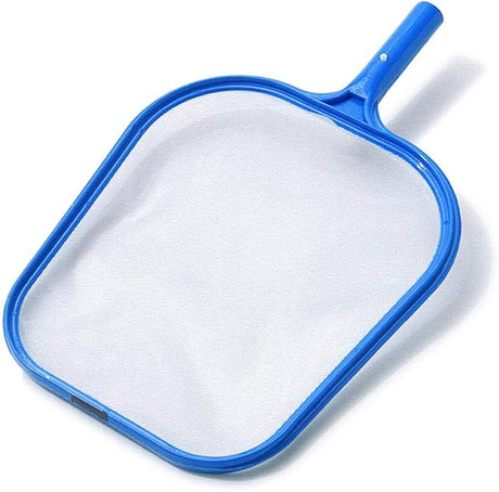 Blue residential pool skimmer net head with aluminum frame and handle