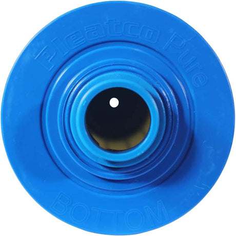 Blue Pleatco spa filter cartridge end cap with threaded center opening