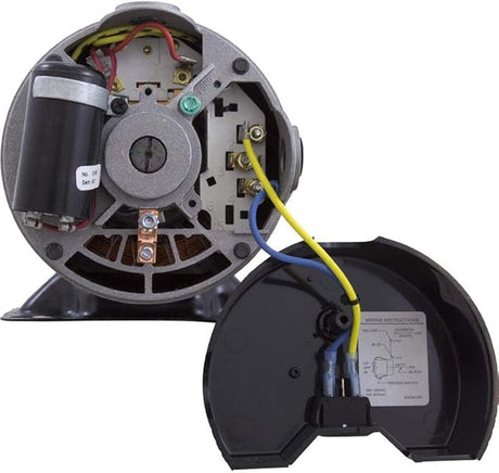 Hayward PowerFlo Matrix pump motor wiring compartment with attached switch housing and wiring diagram