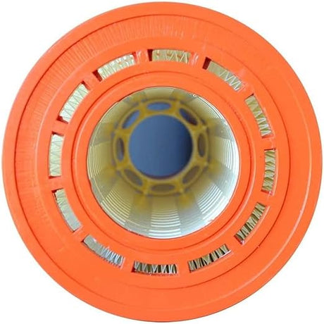 Pleatco PSR50-EC Sta-Rite Posi-Flo pool filter cartridge replacement, top view with orange end cap