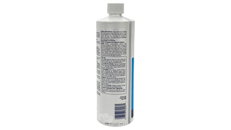 Back of a Poolife Filter Cleaner 32 fl oz bottle with safety label and barcode