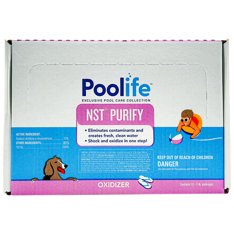 Poolife NST Purify oxidizer box containing 12 one-pound bags