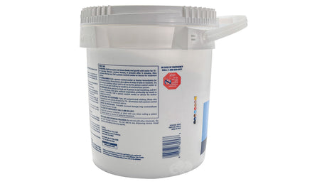 White plastic bucket of Poolife Endure water conditioner with handle and safety label