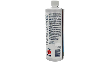 Back view of a Poolife AlgaePhos Algaecide 32 oz bottle with product label and barcode