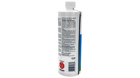 Back label of Poolife Algaecide 90 32 fl oz bottle with safety instructions and barcode