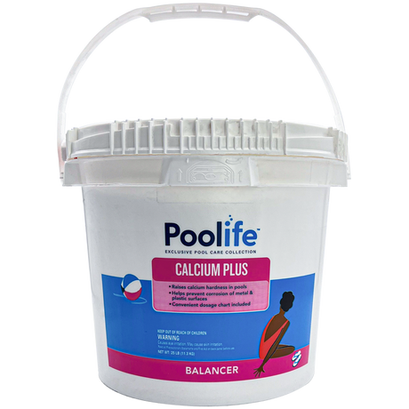 White Poolife Calcium Plus pool care pail with handle, 25 lbs