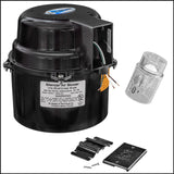 Silencer air blower motor with clear intake fitting and mounting hardware on a white background.