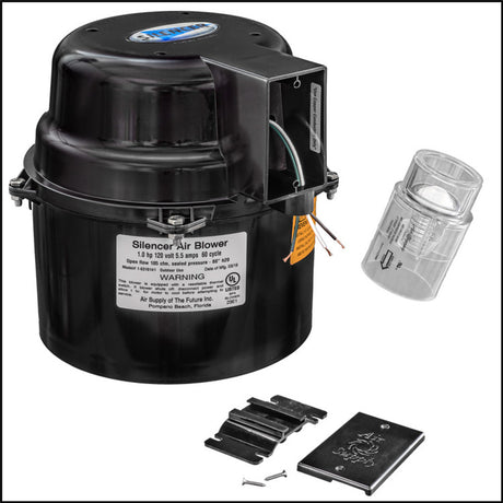Silencer air blower motor with clear intake fitting and mounting hardware on a white background.