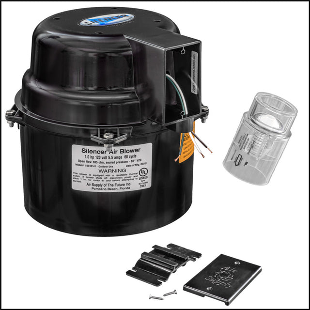 Silencer air blower motor with clear intake fitting and mounting hardware on a white background.